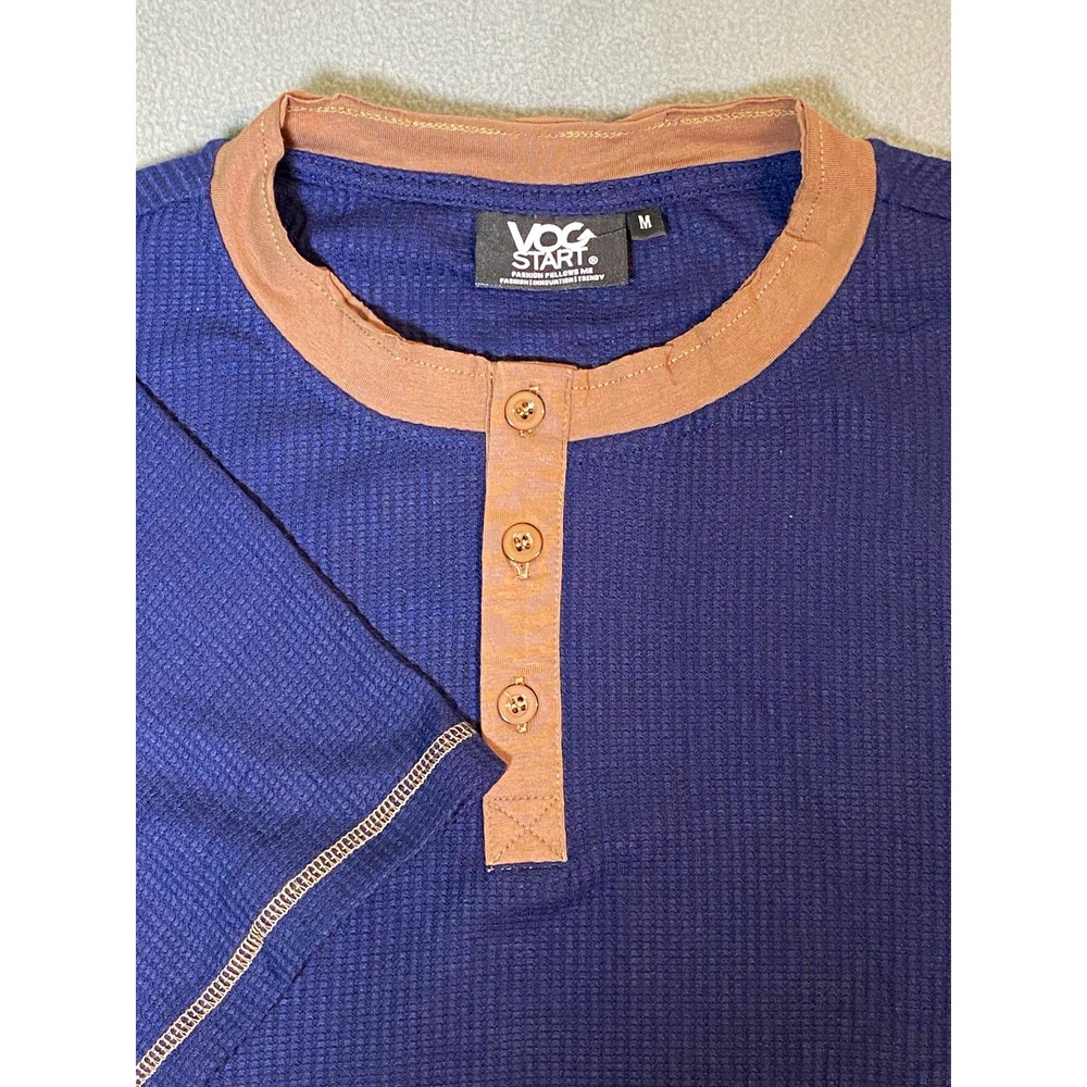 VOG START Men's Blue Waffle Knit Short Sleeve Henley T-Shirt Contrast Trim M
